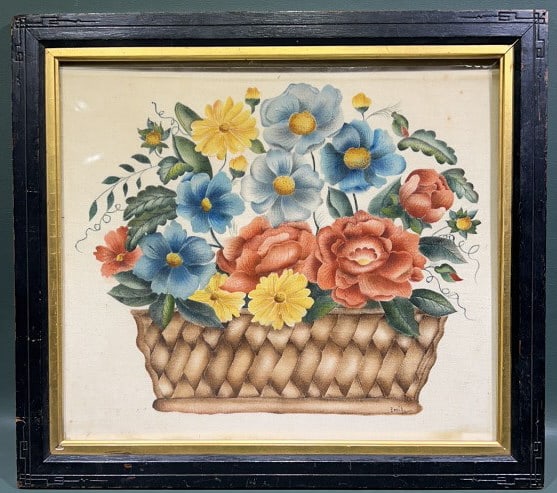 FLOWER BASKET PAINTED ON MATERIAL SIGNED EMILY: 16" X 14-1/2"