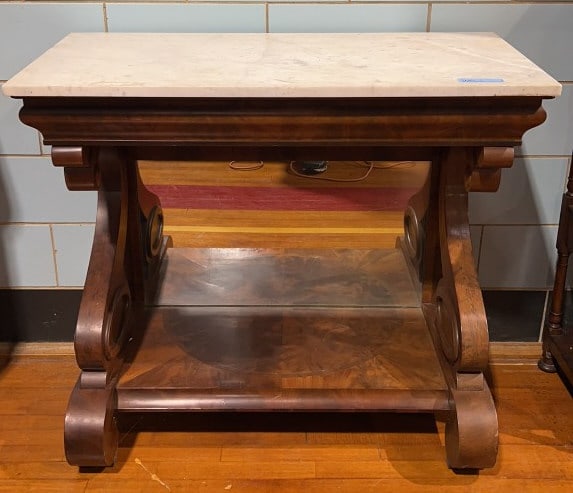 ANTIQUE MAHOGANY MARBLE TOP PETTICOAT: 41-1/2" X 22" X 37"