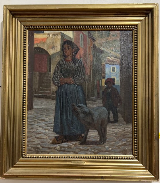 KNUD SINDING OIL ON CANVAS OF WOMEN, BOY, & PIG: 31" X 28"
