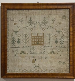 1829 ANTIQUE FRAMED SMAPLER TIGERMAPLE FRAME