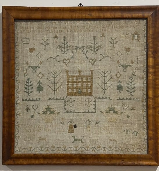 1829 ANTIQUE FRAMED SMAPLER TIGERMAPLE FRAME (1 of 4)