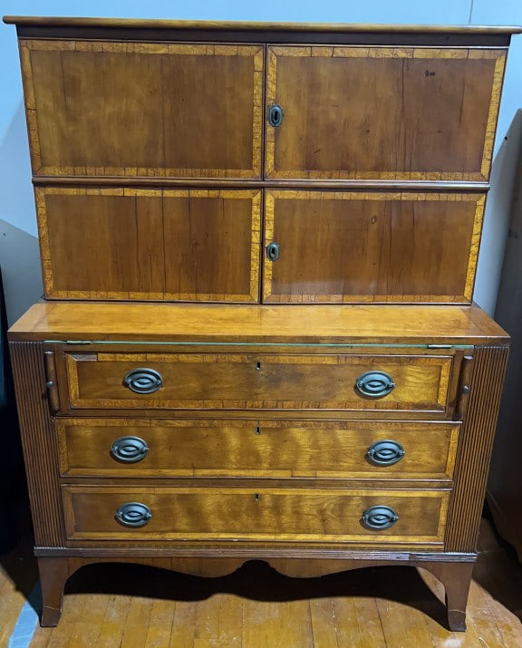 ANTIQUE FEDERAL BANDED MAHOGANY 2 PIECE DESK: 40-1/2" X 19" X 53"
