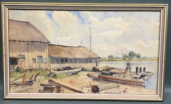 "BOAT YARD, OXFORD MD" WATERCOLOR: 13-1/2" X 8"