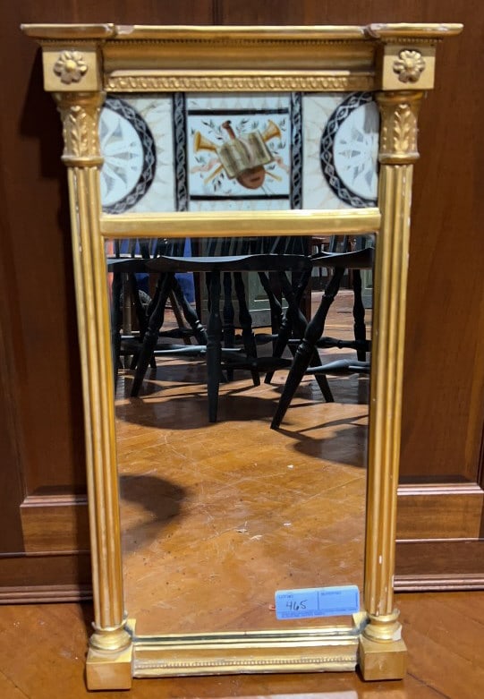 ANTIQUE GOLD GILT REVERSE PAINTED MIRROR: 14" X 25"