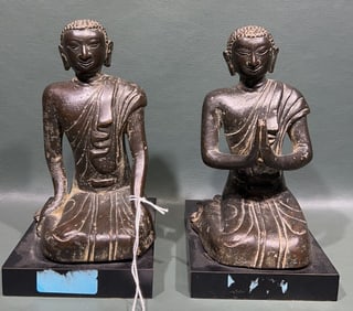2 BRONZE BUDDHA FIGURES ON WOOD BASES