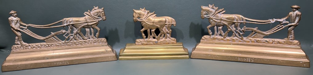 3 BRASS HORSE DOORSTOPS: 11" X 6"