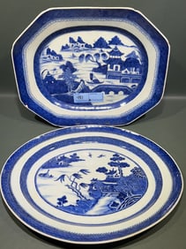 2 ANTIQUE BLUE & WHITE EXPORT PLATTERS