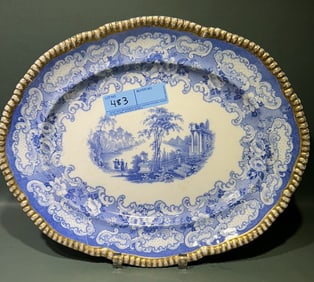 GOLD RIM BLUE & WHITE TRANSFER PLATER