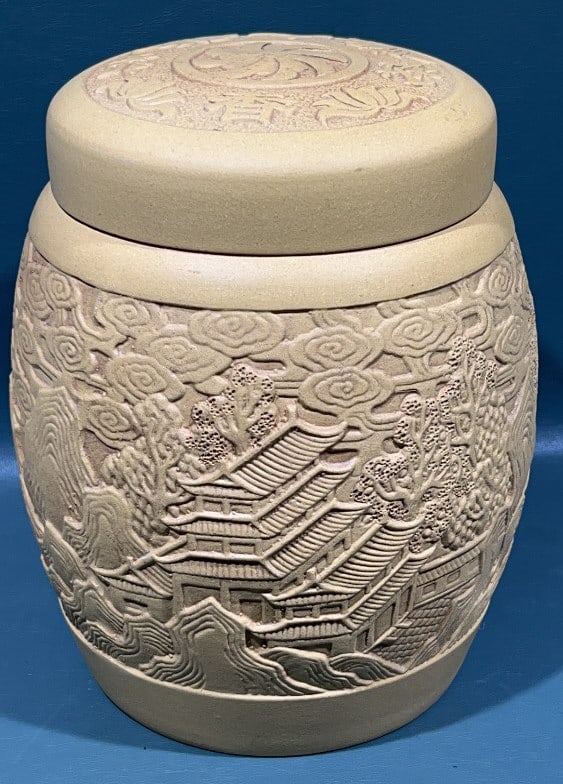 CARVED YIXING POTTERY TEA JAR - SIGNED: 7-3/4" TALL