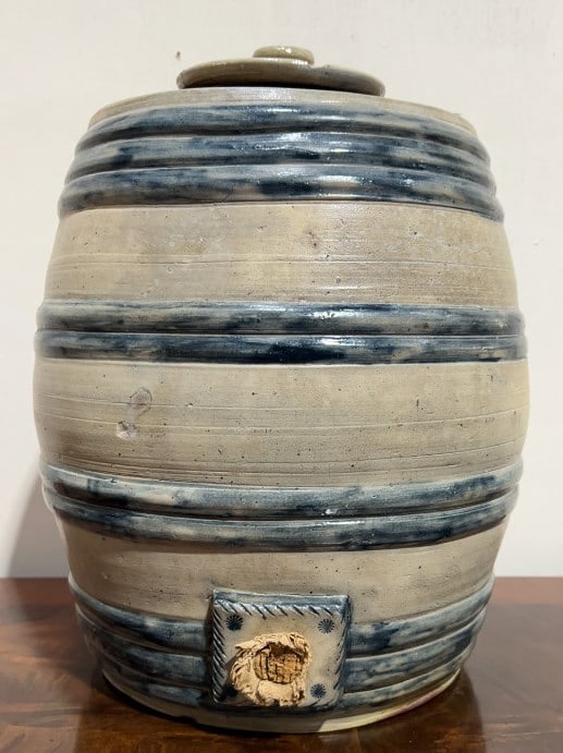 BLUE DECORATED STONEWARE KEG: 14" X 12"