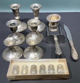 STERLING CANDLESTICKS & SHAKER LOT