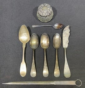 COIN SILVER SPOONS, BUTTER KNIFE & DRESSER BOX LOT