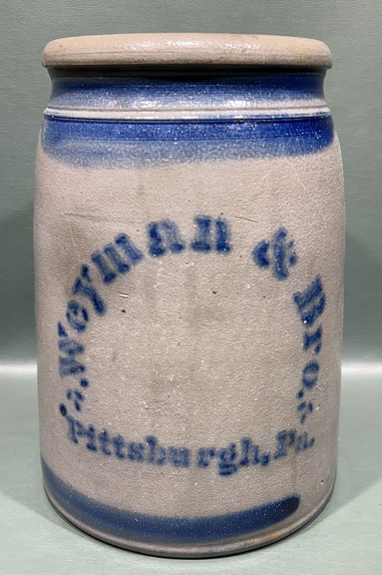 WEYMAN & BROS PITTSBURGH, PA STONEWARE CROCK: BLUE DECORATED, 10"
