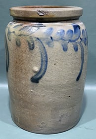 ANTIQUE BLUE DECORATED STONEWARE CROCK