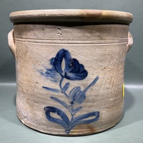 2 GAL ANTIQUE BLUE DECORATED STONEWARE CROCK