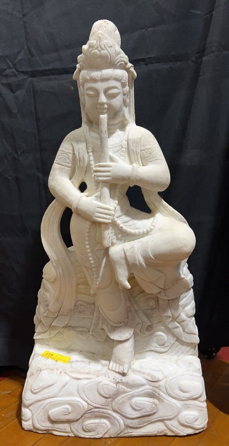 ANTIQUE MARBLE CHINESE CELESTIAL MUSICIAN STATUE: 40" X 20" X 10"