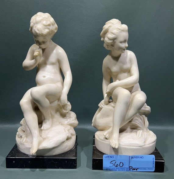 PAIR OF PLASTER FIGURES ON MARBLE BASE: 10-1/2" TALL