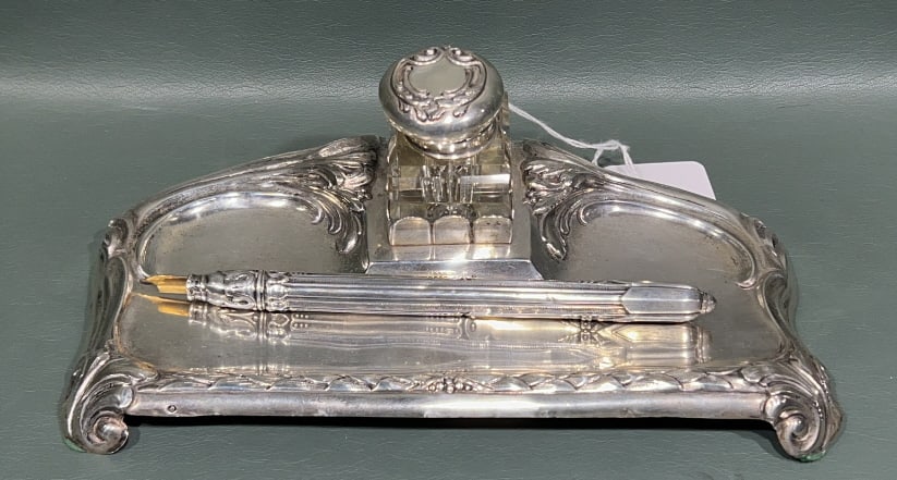 STERLING SILVER INKSTAND W/ WELL & PEN (1 of 5)