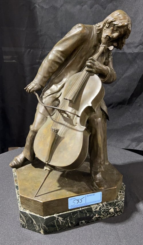 LARGE LUCIAN ALLIOT BRONZE FIGURE OF A CELLIST: 20" X 12" X 12" bronze figure lose from marble