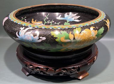 LARGE CLOISONNE BOWL ON WOODEN STAND