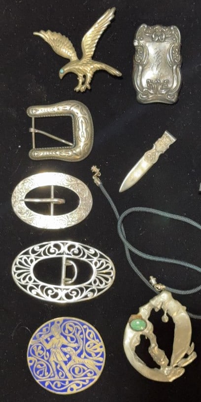 STERLING BUCKLES, PINS, & NECKLACE LOT: ~