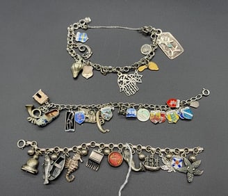3 VARIOUS STERLING CHARM BRACELETS