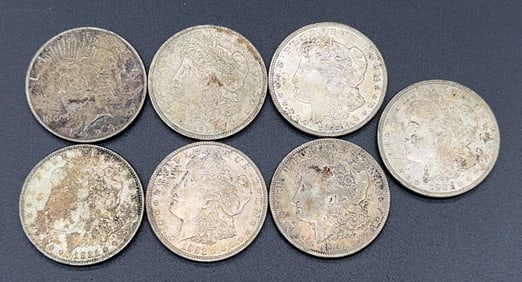 7 VARIOUS $1 SILVER PEACE DOLLARS