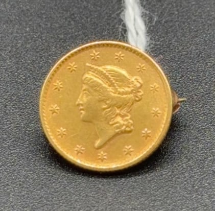 1854 $1 GOLD COIN PIN: THE PIN WAS ATTACHED TO THE COIN