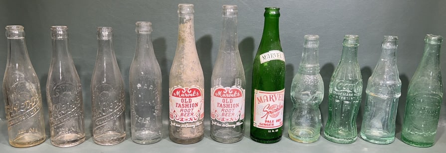 COLL OF VARIOUS VINTAGE MARYLAND SODA BOTTLES: TALLEST IS 9 1/2"