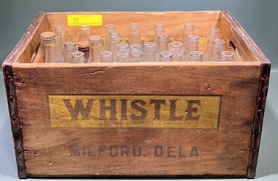 WHISTLE MILFORD DE ADVERTISING CASE & BOTTLES: 18 1/2" X 12" X 10"
