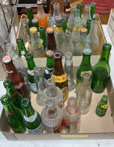 LOT OF VARIOUS VINTAGE SODA BOTTLES: 2 BOXES