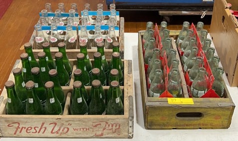 3 WOODEN ADVERTISING CRATES & BOTTLES LOT