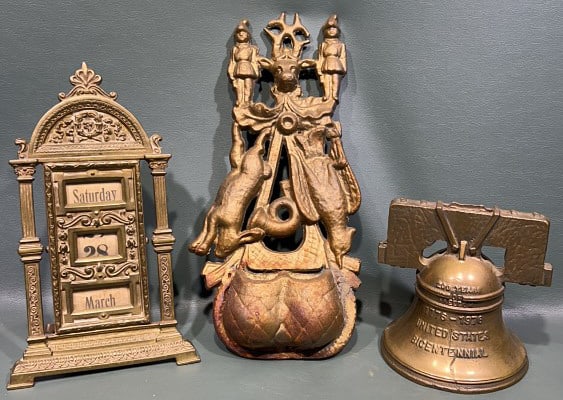 CAST IRON MATCH SAFE, BRASS CALENDAR, & BELL BANK (1 of 5)