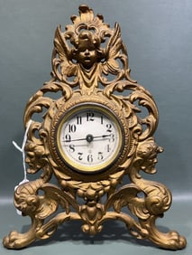 GILT CAST IRON VICTORIAN MANTLE CLOCK