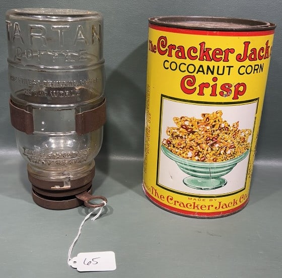 TARTAN COFFEE DISPENSER & CRACKER JACK TIN: 8 1/2" X 5 1/2"
