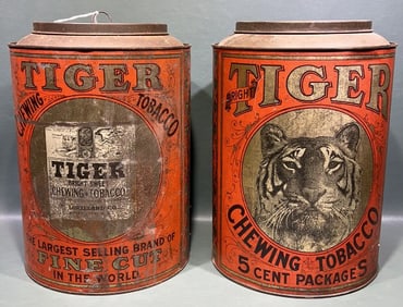 2 VINTAGE TIGER CHEWING TOBACCO ADVERTISING TINS