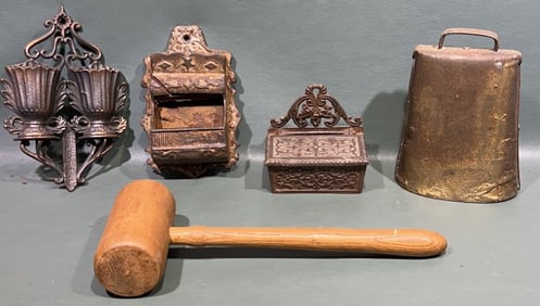 ANTIQUE MATCH SAFES, COWBELL, & MASHER LOT