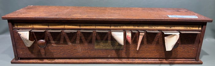 ANTIQUE OAK MCCOURT LABEL DISPENSER CABINET
