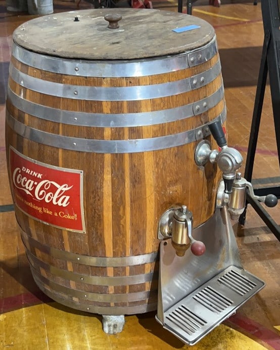 WOODEN COCA-COLA & ROOT BEER BARREL DISPENSER: 32" X 23" X 27-1/2"