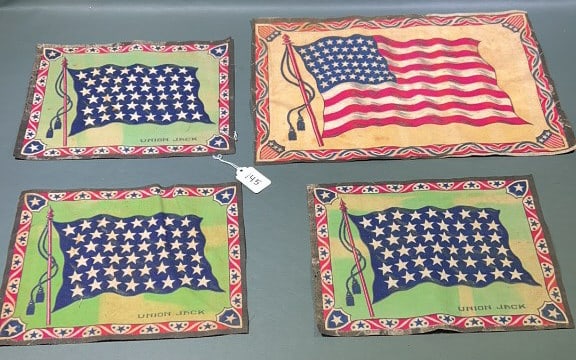 3 UNION JACK & 1 AMERICAN FLAG TOBACCO FLANNELS: LARGE ONE 15-1/2" X 10"