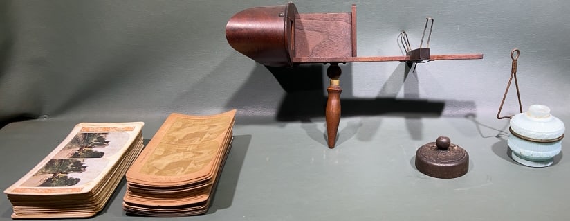 ANT. STEREOGRAPH VIEWER W/ CARDS & OIL LAMP LOT (1 of 7)