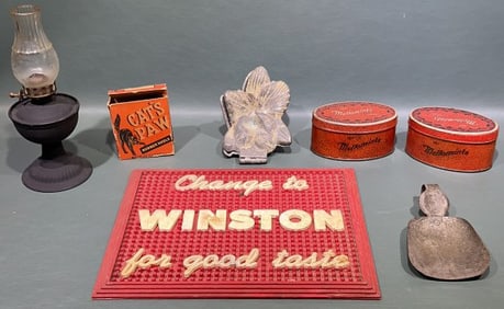 ADVERTISING TINS, WINSTON MAT, OIL LAMP LOT