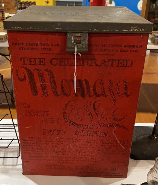 ANT. LG MOMAJA COFFEE METAL STORE BIN: 19" X 13-1/2" X 13-1/2"