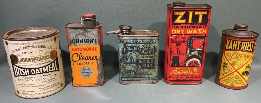 HOLLINGSHEADS & ZIT ADVERTISING TINS & 2 OTHERS: LARGEST 7" X 2" X 4"