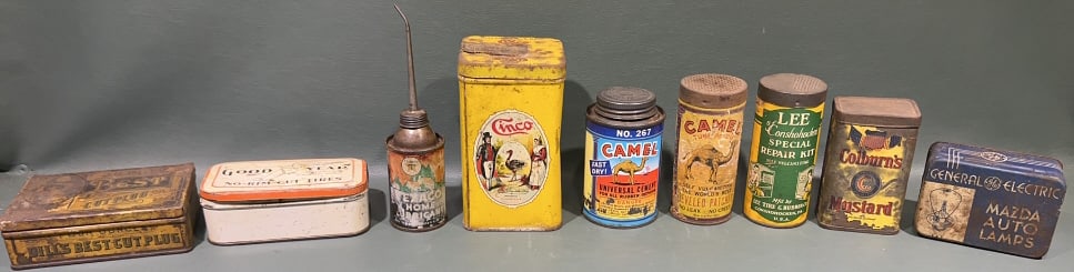 VARIOUS VINTAGE ADVERTISING TINS: CAMEL, CINCO, CULBURNS, ETC. LARGEST 5-1/2" X 3" X 3"