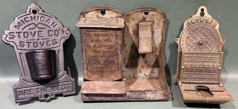 ADVERTISING MATCH HOLDERS LOT: KLINE BROS, MICHIGAN STOVER CO. 6" X 6" X 3-1/2"