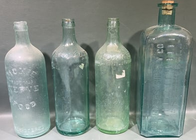 3 MOXIE GLASS BOTTLES & 1 EMBALMERS SUPPLY CO.