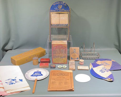 LOT OF VARIOUS ADVERTISING SMALLS: CAMEL, BELL SYSTEMS, DR. LEGEARS 6-1/4" X 6-1/4" X 13"