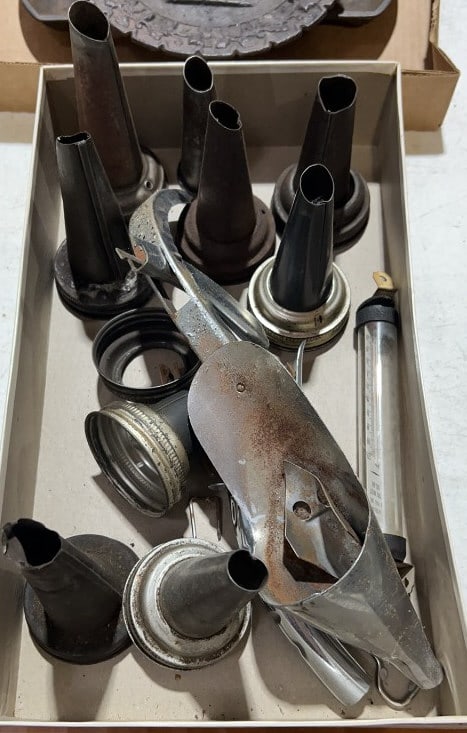 COLLECTION OF OIL BOTTLE LIDS & FUNNELS: 12" X 7"