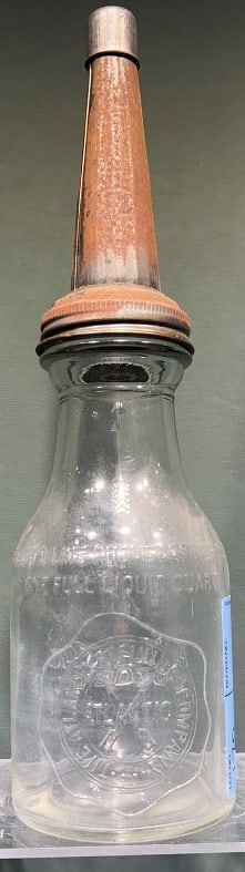 VINTAGE ATLANIC REFINING CO GLASS OIL BOTTLE W/ LI: 14" X 4"
